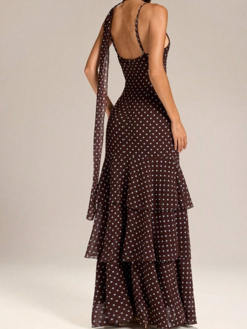 Brown Chic Women's Polka Dot Maxi Dress with Spaghetti Straps, Fishtail Gown - Picture 2 of 7
